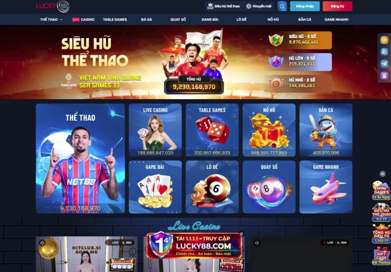 Giao diện trang chủ Lucky88 với các trò chơi nổi bật