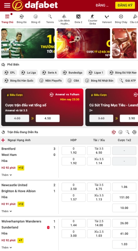 Giao diện ứng dụng mobile Dafabet