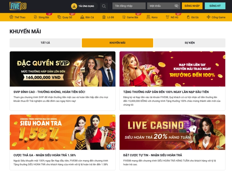 Five88 5 Khuyến mãi chào mừng Five88 100% đến 15 triệu