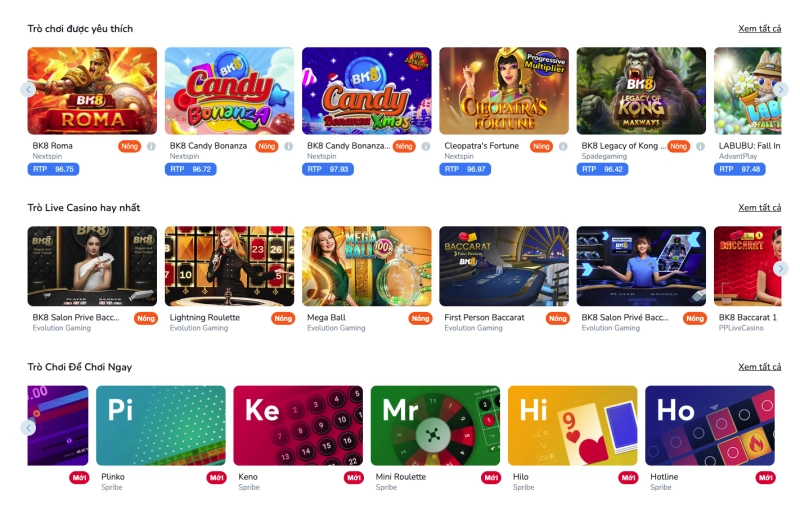 BK8 3 Giao diện sảnh game BK8 với các danh mục