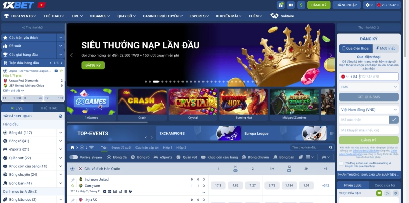 Giao diện trang chủ nhà cái 1xbet với các mục cược thể thao và casino nổi bật