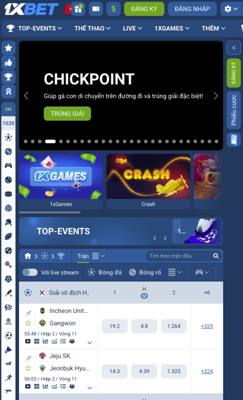 Giao diện ứng dụng 1xbet trên điện thoại iOS và Android