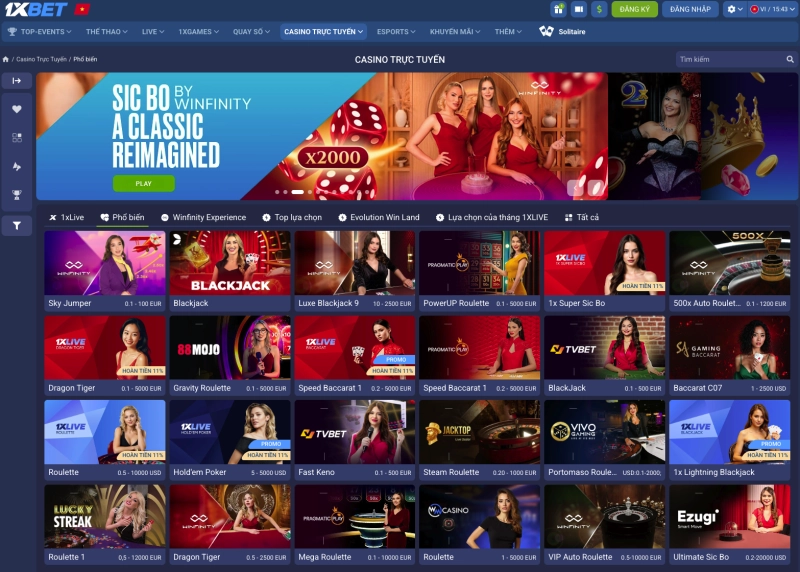 Kho game đa dạng tại 1xbet với các danh mục slots, casino live, và thể thao