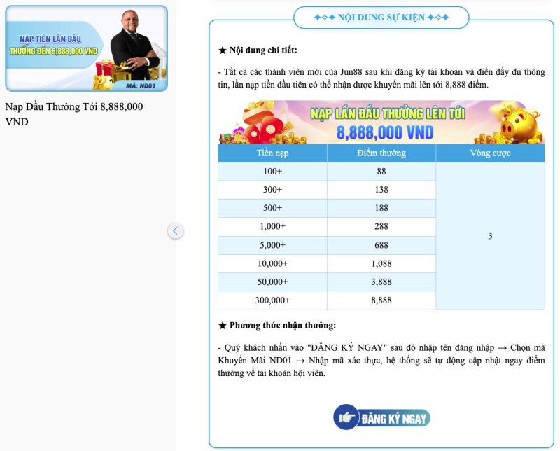 Jun88 4 Bảng khuyến mãi chào mừng 100% lên đến 8,888,000 VND