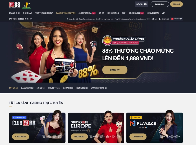 Sảnh casino live M88 với dealer thật