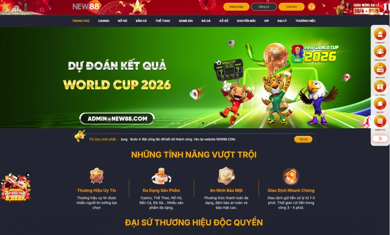 Giao diện trang chủ New88
