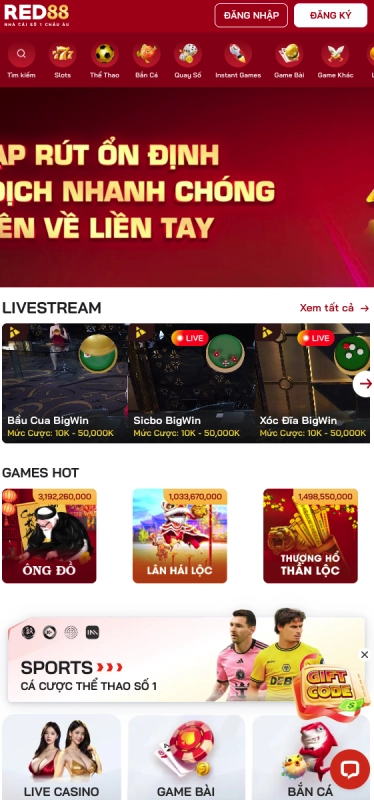 Giao diện Red88 trên điện thoại di động