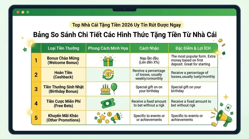 Bảng So Sánh Chi Tiết Các Hình Thức Tặng Tiền Từ Nhà Cái