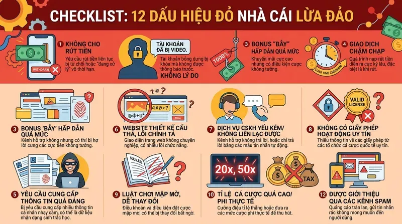 Dấu hiệu nhận biết nhà cái lừa đảo và cách tránh bẫy 2 Checklist 12 dấu hiệu đỏ: nhà cái không cho rút tiền, khóa tài khoản, bonus bẫy