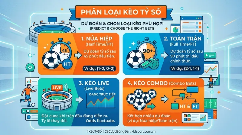 Phân Loại Kèo Tỷ Số: Nửa Hiệp, Toàn Trận Và Kèo Live