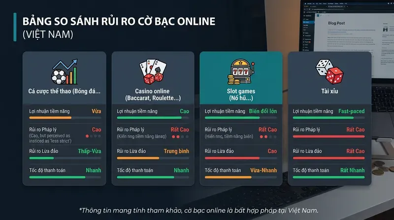 Cá cược thể thao online, casino online, slot và tài xỉu: khác nhau gì về mức rủi ro pháp lý và thực tế?