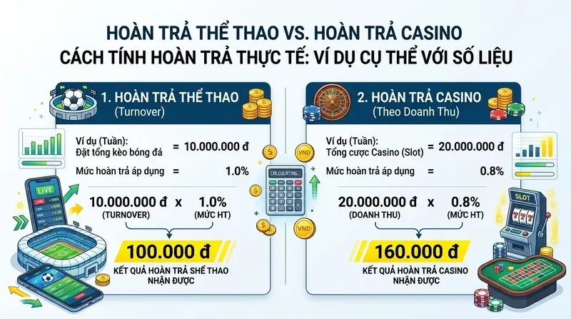 Hoàn Trả Thể Thao vs Casino Khác Gì Nhau? So Sánh Chi Tiết 3 Cách Tính Hoàn Trả Thực Tế: Ví Dụ Cụ Thể Với Số Liệu