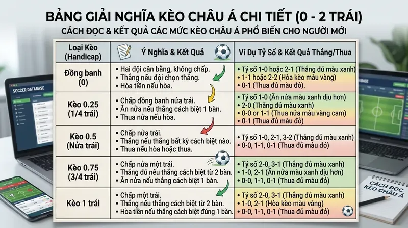 Giải nghĩa chi tiết các mức kèo phổ biến: đồng banh, 0.25, 0.5, 0.75, 1 trái