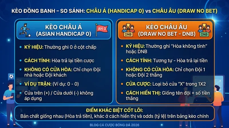 Kèo Đồng Banh Là Gì? Cách Chơi & Chiến Thuật 3 Kèo Đồng Banh Châu Á vs Châu Âu (Draw No Bet): Điểm Khác Biệt Quan Trọng