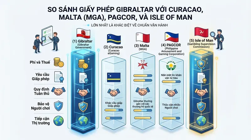 So sánh giấy phép Gibraltar với Curacao, Malta, PAGCOR và Isle of Man