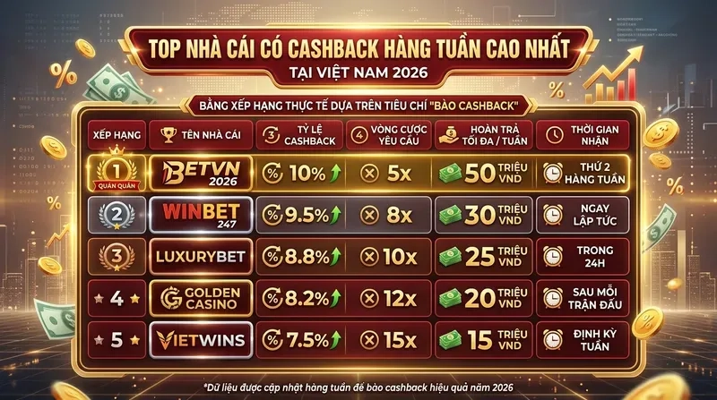 Top Nhà Cái Có Cashback Hàng Tuần Cao Nhất Tại Việt Nam 2026