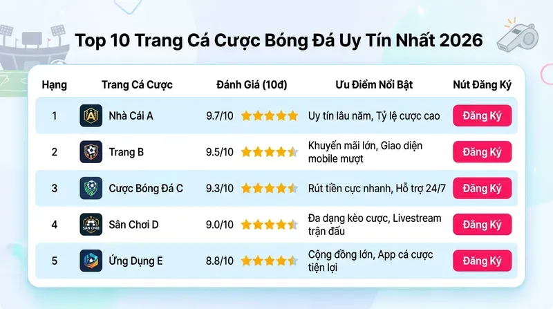 10+ Trang Cá Cược Bóng Đá Uy Tín Nhất Tại Việt Nam 10 Bảng So Sánh Nhanh 10 Trang Cá Cược Bóng Đá