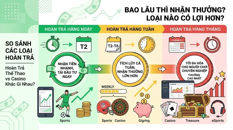 Hoàn Trả Thể Thao vs Casino Khác Gì Nhau? So Sánh Chi Tiết 4 Hoàn Trả Hàng Ngày, Hàng Tuần Hay Hàng Tháng – Loại Nào Có Lợi Hơn?