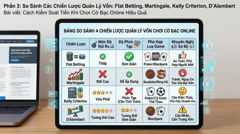 Cách Kiểm Soát Tiền Khi Chơi Cờ Bạc Online Hiệu Quả 4 So Sánh Các Chiến Lược Quản Lý Vốn: Flat Betting, Martingale, Kelly Criterion, D'Alembert