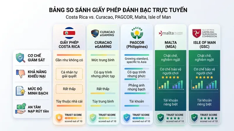 Vic88 4 So sánh giấy phép Costa Rica với Curacao, PAGCOR, Malta và Isle of Man