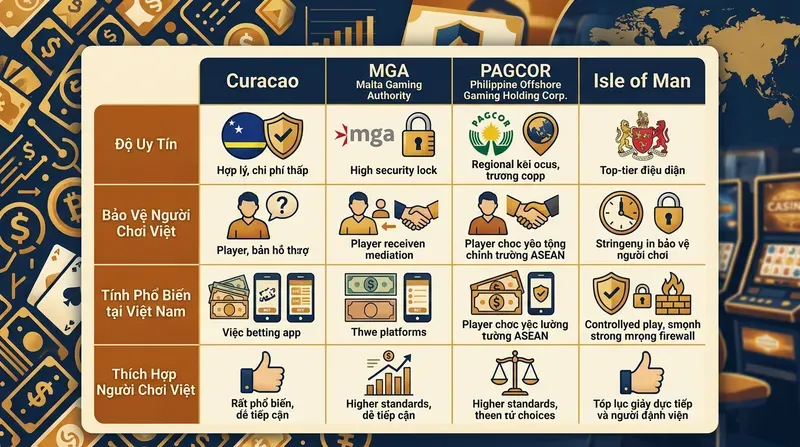 So sánh giấy phép Curacao với MGA, PAGCOR và Isle of Man