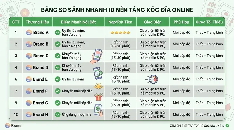 Bảng so sánh nhanh 10 nền tảng xóc đĩa online