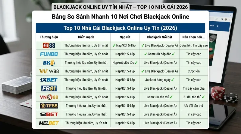 Bảng So Sánh Nhanh 10 Nơi Chơi Blackjack Online