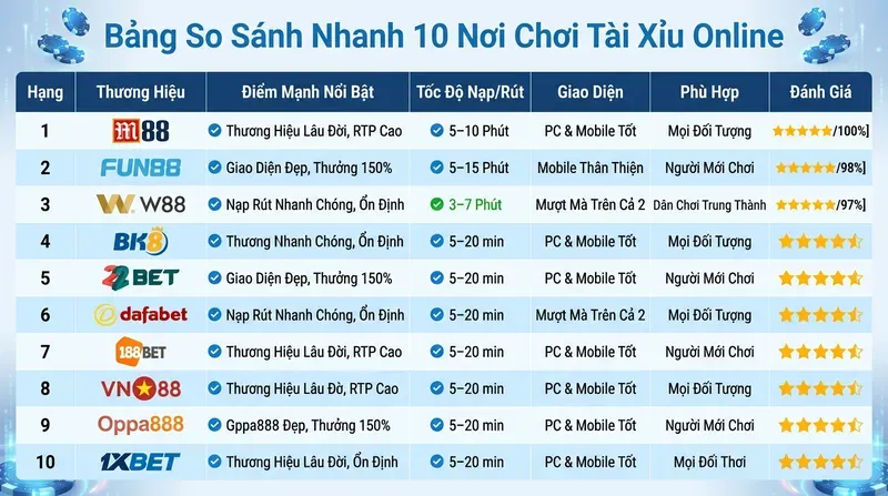 Bảng So Sánh Nhanh 10 Nơi Chơi Tài Xỉu Online
