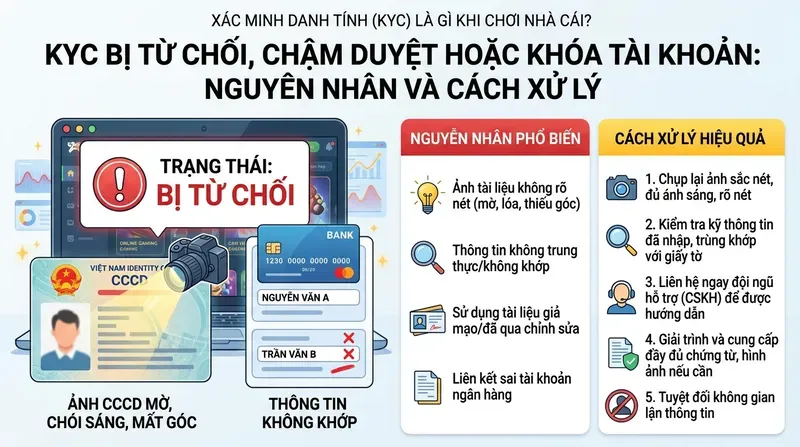 Xác minh danh tính (KYC) là gì khi chơi nhà cái? 5 KYC bị từ chối, chậm duyệt hoặc khóa tài khoản: nguyên nhân và cách xử lý