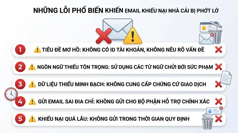 Mẫu Email Khiếu Nại Nhà Cái Chuẩn & Hiệu Quả Nhất 5 Những Lỗi Phổ Biến Khiến Email Khiếu Nại Nhà Cái Bị Phớt Lờ