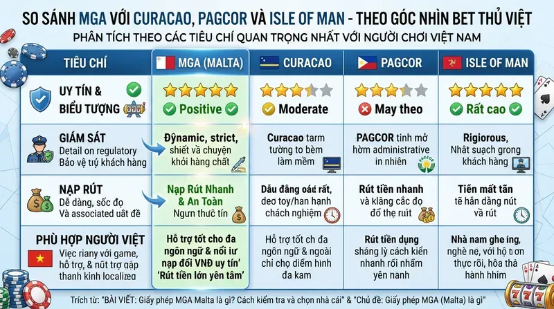 So sánh MGA với Curacao, PAGCOR và Isle of Man theo góc nhìn bet thủ Việt
