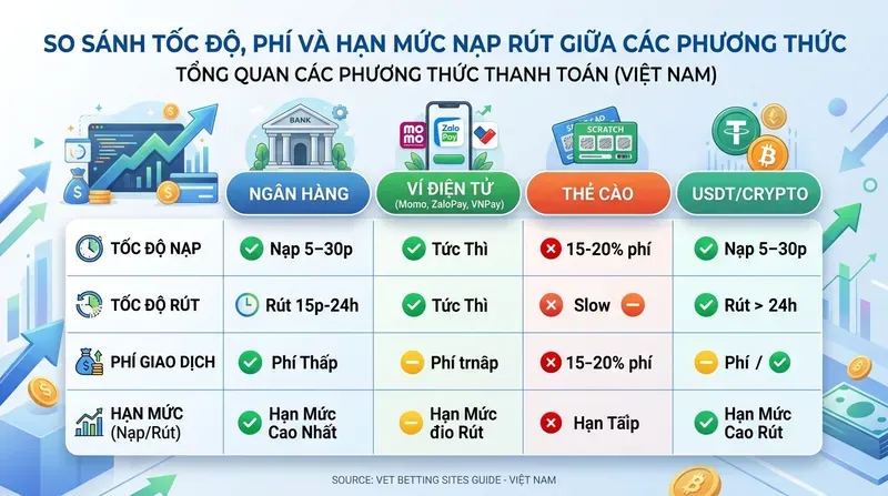 Tổng Hợp Các Phương Thức Thanh Toán Nhà Cái Phổ Biến Hiện Nay 23 So Sánh Tốc Độ, Phí Và Hạn Mức Nạp Rút Giữa Các Phương Thức