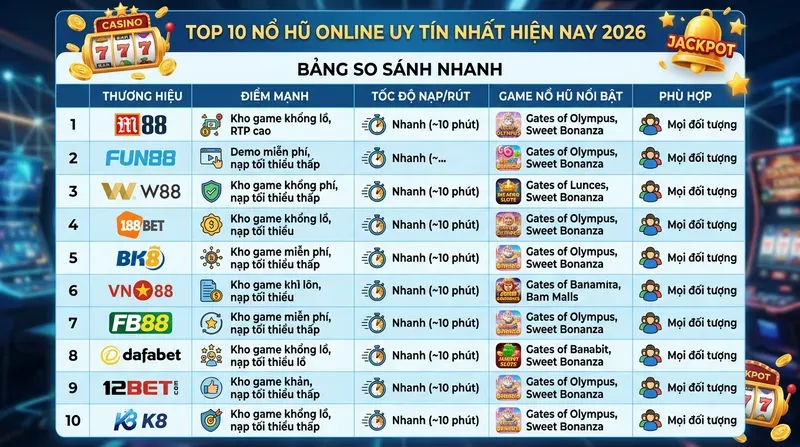 Bảng So Sánh Nhanh 10 Nơi Chơi Nổ Hũ Online Uy Tín