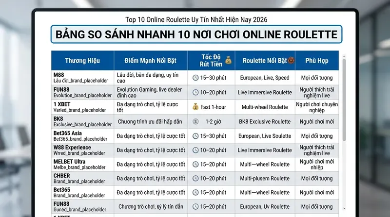 Bảng So Sánh Nhanh 10 Nơi Chơi Online Roulette