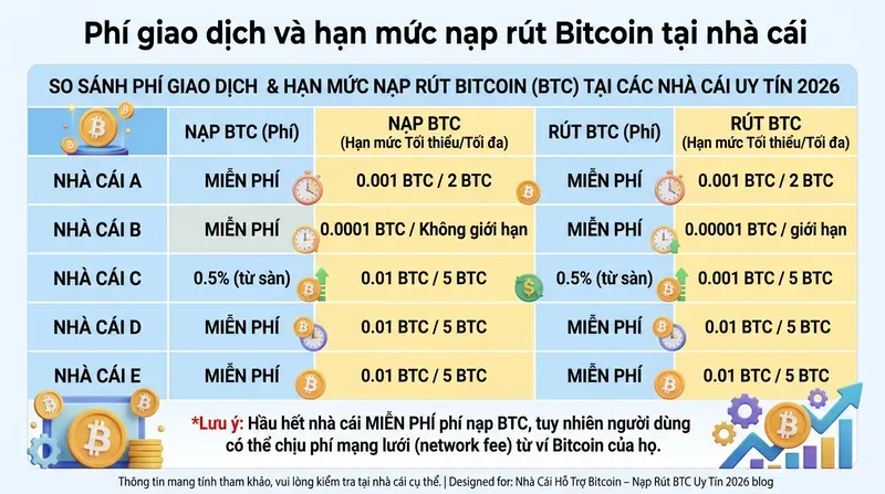 Phí giao dịch và hạn mức nạp rút Bitcoin tại nhà cái