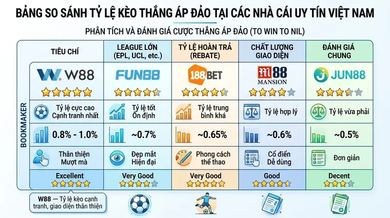Kèo Thắng Áp Đảo: Cách Đọc & Đặt Cược Hiệu Quả 6 So Sánh Tỷ Lệ Kèo Thắng Áp Đảo Tại Các Nhà Cái Uy Tín Việt Nam