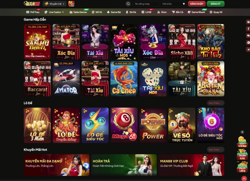 Tổng quan kho game MAN88 với các danh mục chính