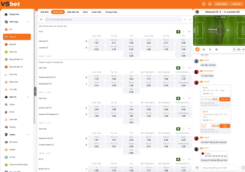 VSBet 3 Giao diện cá cược thể thao VSBet với tỷ lệ kèo